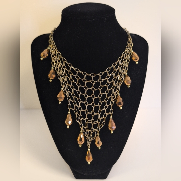 Vintage Statement Bib Necklace Gold Chain Mesh with Amber Faceted Teardrop Beads - Picture 6 of 10